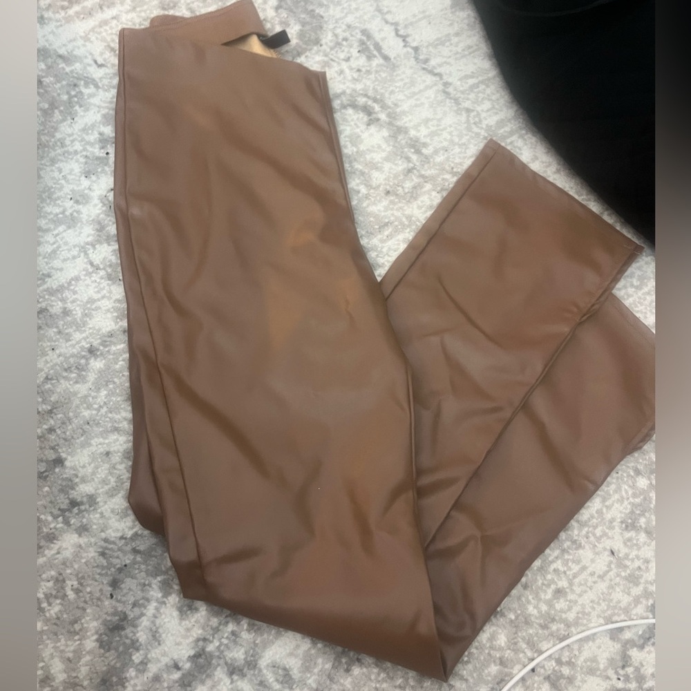 Brown Faux Leather Pants - V waistline
